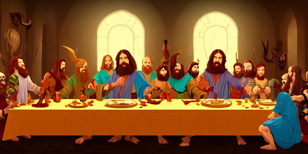 Prompt: dungeon and dragons last supper by wes anderson, digital painting, trending on artstation, sharp focus, 4 k