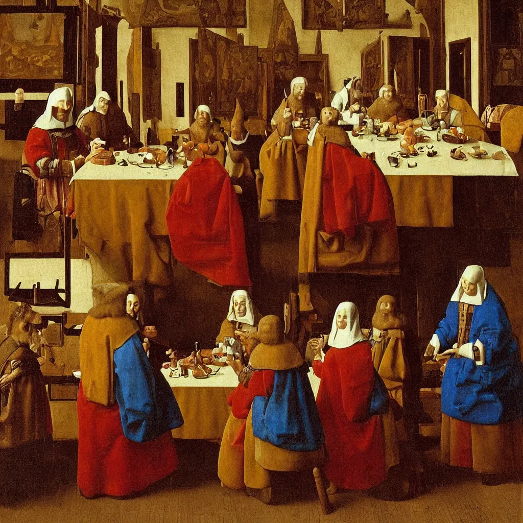 Image similar to Noble lunch. They dined in a large, richly furnished room. There were a lot of food on the table. Medieval painting by Jan van Eyck, Johannes Vermeer, Florence,