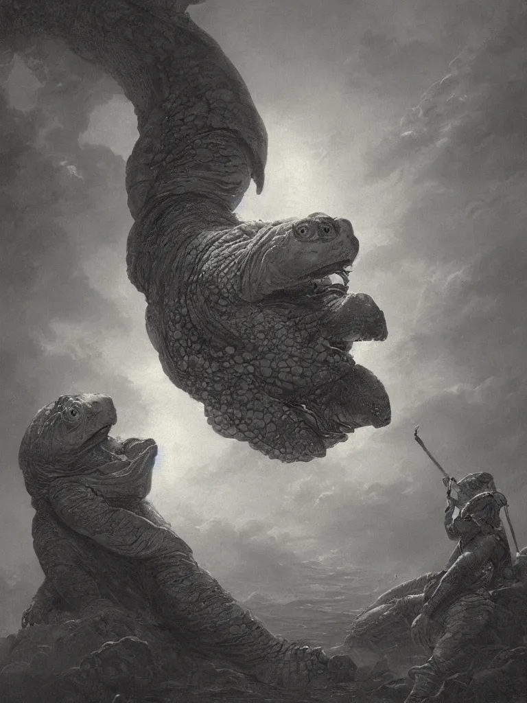 Image similar to Mitch McConnell painted as an anthropomorphic turtle by greg rutkowski and by Gustave Dore