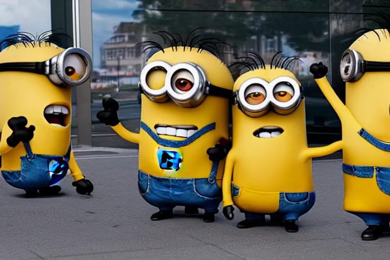 Image similar to minions fighting outside of a mcdonalds