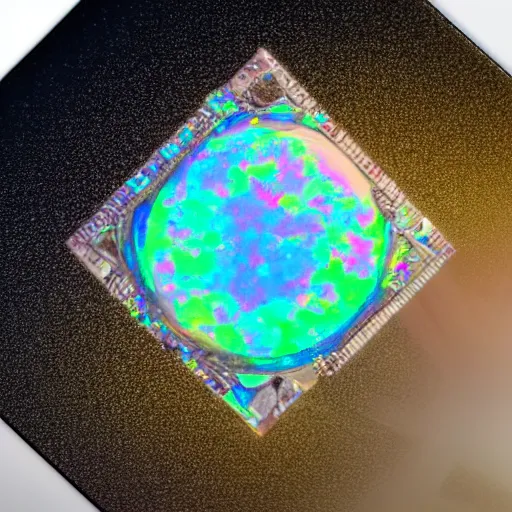 Image similar to opal with a computer chip in the centre, realistic, detailed, high definition