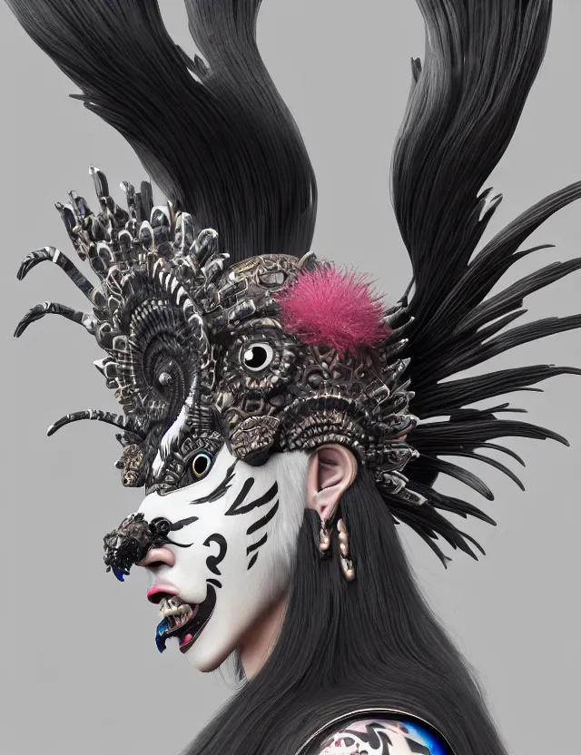 Image similar to 3 d goddess close - up profile portrait punk with mohawk with ram skull. beautiful intricately detailed japanese crow kitsune mask and clasical japanese kimono. betta fish, jellyfish phoenix, bio luminescent, plasma, ice, water, wind, creature, artwork by tooth wu and wlop and beeple and greg rutkowski