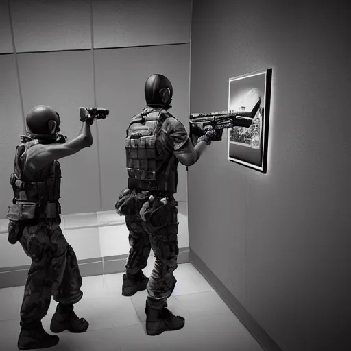 Image similar to the special forces pointing a real sized peanut statue, security camera, black and white, detailed, realistic, 4k