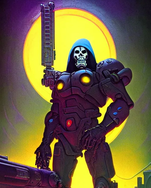 Image similar to reaper from overwatch, character portrait, portrait, close up, concept art, intricate details, highly detailed, vintage sci - fi poster, retro future, in the style of chris foss, rodger dean, moebius, michael whelan, and gustave dore