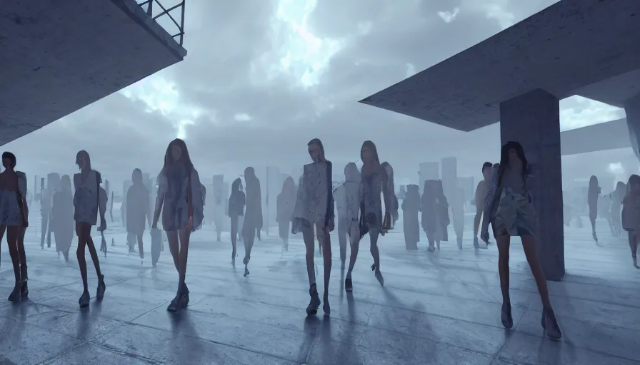 Prompt: Fashion Catwalk!! on a brutalist platform in an Angelic Floating City in the Clouds, Hyperrealistic, Intricate Details, Raytracing, Volumetric Lighting, Lightshafts, Smooth Gradients, Unreal Engine 5, Photorealism, Concept Art