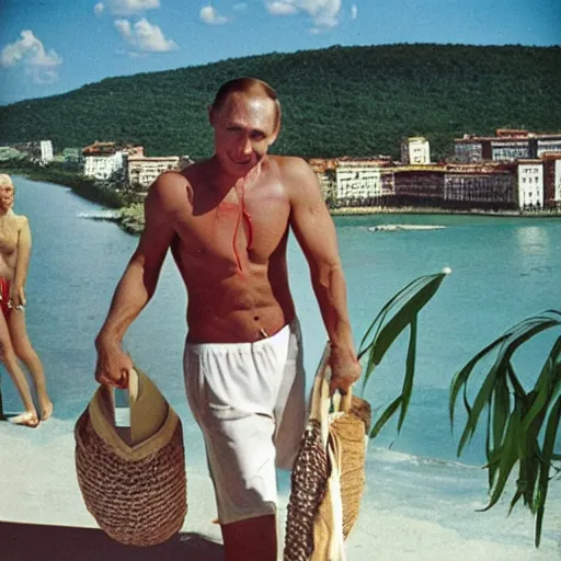 Image similar to Vladmir Putin enjoying the summer in cuba, photo made by Slim Aarons, award winning,