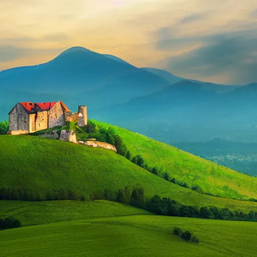 Image similar to Vast verdant valley surrounded by Transylvanian mountains, with a large zeppelin hovering in the foreground, and a ruined medieval castle on the hillside in the background. Late evening light, gloomy weather. Hyperrealistic, high quality, sharp, photography.