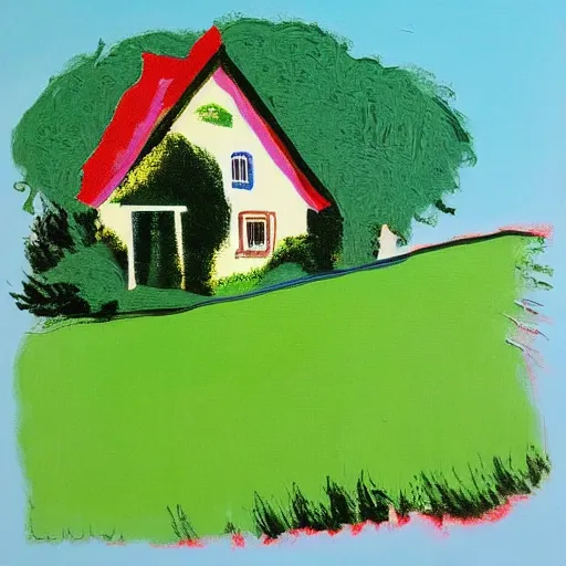 Prompt: a painting of a beautiful cottage, with a lush grass lawn, featuring a tree in the style of andy warhol