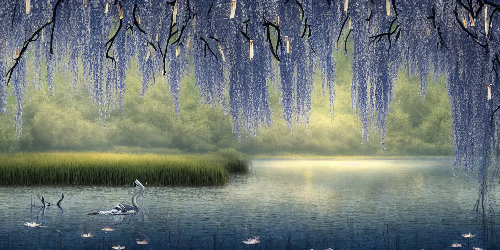 Image similar to a majestic blue heron in shallow river, willow trees, cherry blossom trees, lily pads, bullrushes, marsh, clouds, godrays, intricate, luminescent matte painting, highly detailed, artstation, dusk