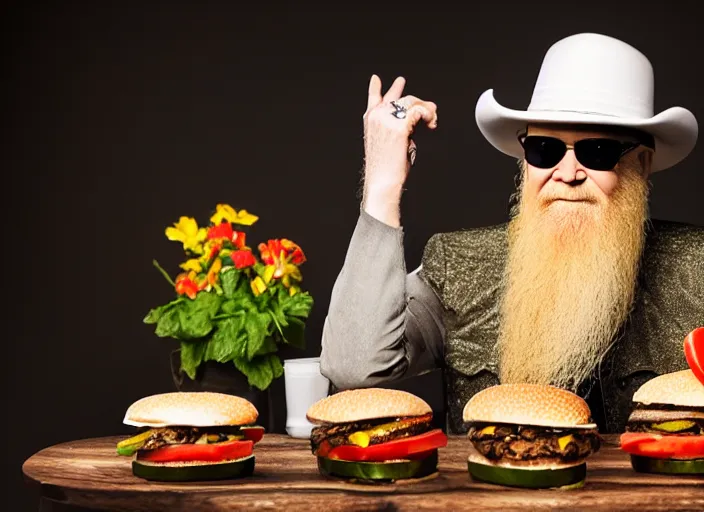 Image similar to photo still of billy gibbons of zz top!!!!!!!! at age 4 6 years old 4 6 years of age!!!!!!!! grilling hamburgers, 8 k, 8 5 mm f 1. 8, studio lighting, rim light, right side key light