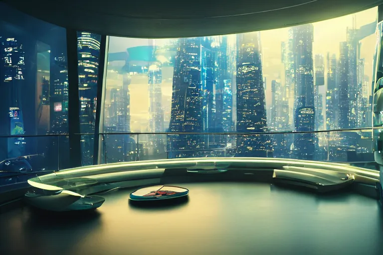 Image similar to a futuristic bedroom with large curved ceiling high windows looking out to a far future cyberpunk cityscape, cyberpunk neon lights, raining, scifi