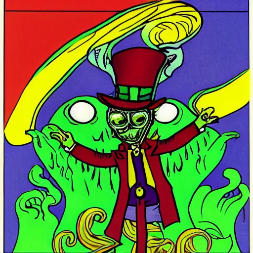 Prompt: Willy Wonka Cthulhu rising from his slumber, drab psychedelic colors