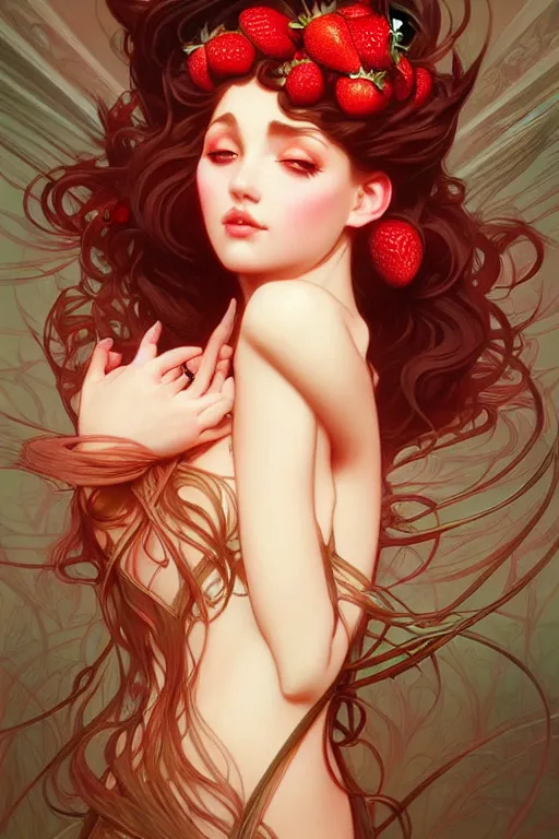 Prompt: strawberry creme, dark fantasy, intricate, elegant, highly detailed, digital painting, artstation, concept art, matte, sharp focus, illustration, art by artgerm and alphonse mucha