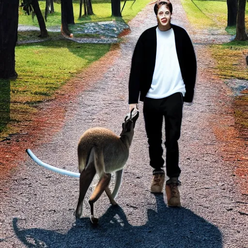 Prompt: Pete Davidson walking a kangaroo, 4k, photorealistic,