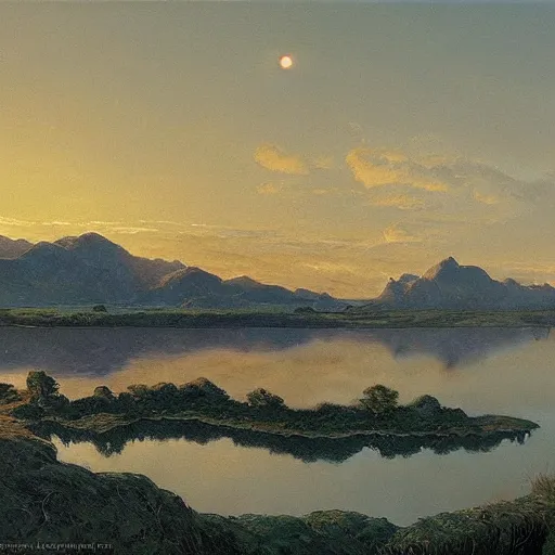 Prompt: the lakes of midgard, detailed matte painting of a dusk landscape in summer, barometric projection, by andreas rocha john howe, and Alberto Giacometti