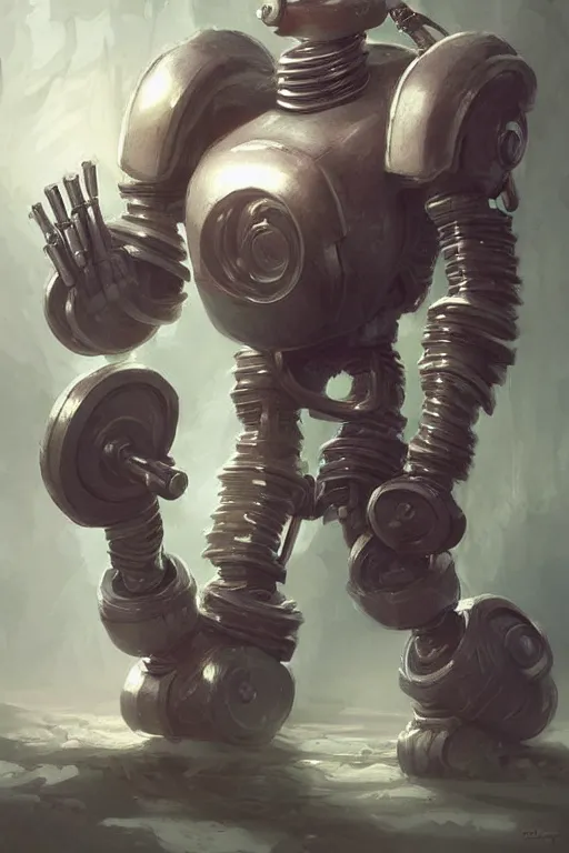 Image similar to robot [ thing ], lifting dumbbells, drinking a shake, tiny, small, short, cute and adorable, pretty, beautiful, dnd character art portrait, matte fantasy painting, deviantart artstation, by jason felix by steve argyle by tyler jacobson by peter mohrbacher, cinema