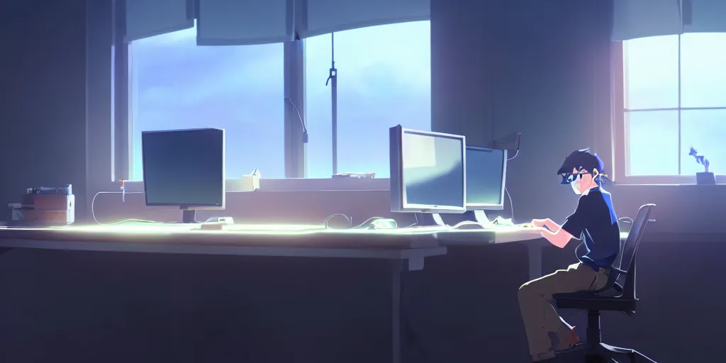 Image similar to a nerdy boy is programming at a computer in a room full of gadgets, by makoto shinkai and ghibli studio, dramatic lighting, highly detailed, incredible quality, trending on artstation