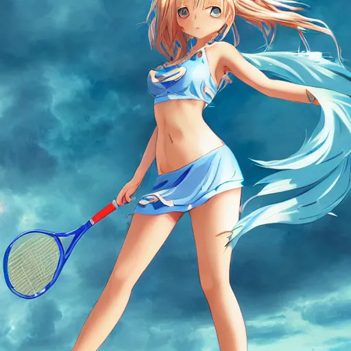 Image similar to a very beautiful young anime tennis girl, full body, long wavy blond hair, sky blue eyes, full round face,, bikini, miniskirt, front view, mid - shot, highly detailed, cinematic wallpaper by stanley artgerm lau