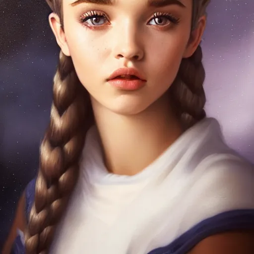 Image similar to tom bagshaw portrait, very beautiful mix of dove cameron madison beer bella poarch in a sailor suit flirting smile, randomly lustrous dyed hair, professionally retouched, focus eyes, ultra realistic soft painting, insanely detailed linework, symmetrical accurate intricate features, behance artstation, 8 k, - signature