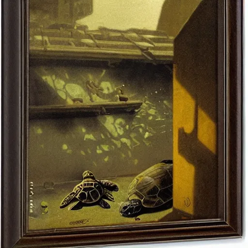 Prompt: turtles in burning fiat city, by Michael Sowa