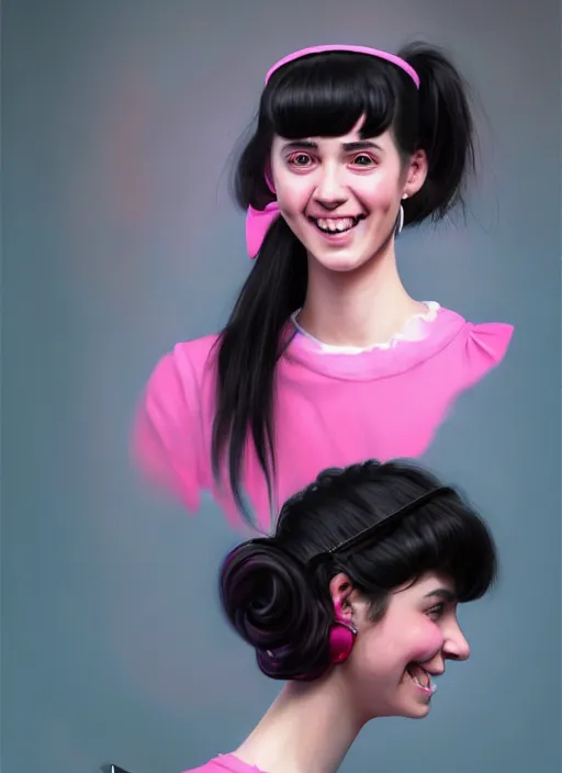 Image similar to portrait of high school girl, realistic, black hair, bangs, half updo hairstyle, pointy nose, skinny, smile, ugly, defined jawline, big chin, pink hair bow, earrings, intricate, elegant, glowing lights, highly detailed, digital painting, artstation, sharp focus, illustration, art by wlop, mars ravelo and greg rutkowski