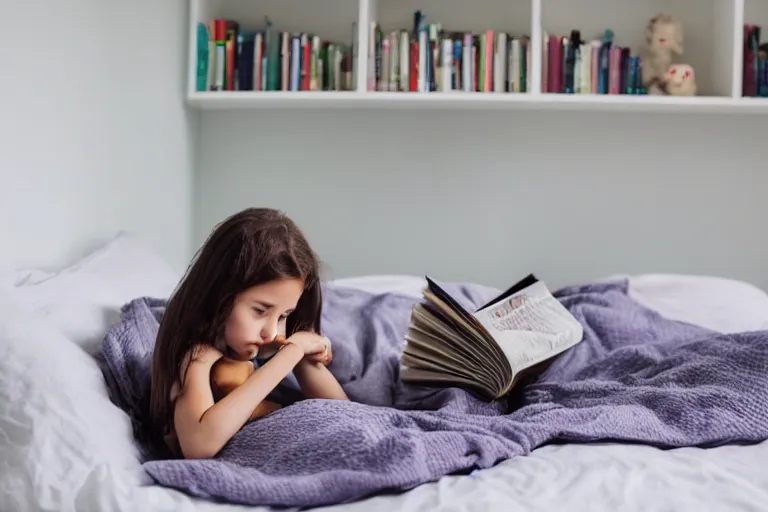Prompt: a girl reading a book on her bedroom