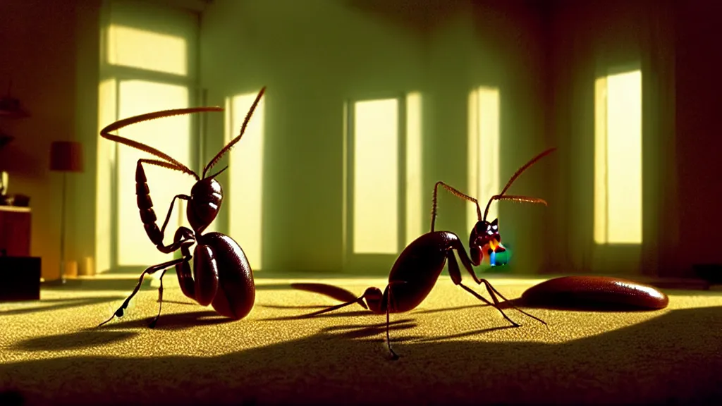 Image similar to the giant ant in the living room, film still from the movie directed by Denis Villeneuve with art direction by Salvador Dalí, wide lens