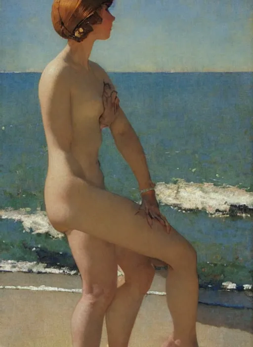 Image similar to illustration upper body and head portrait of elegant woman in the beach, by norman rockwell, roberto ferri, daniel gerhartz, edd cartier, jack kirby, howard v brown, ruan jia, tom lovell, frank r paul, jacob collins, dean cornwell, pulp 5 0 s scifi