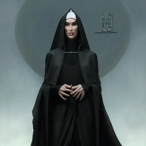 Image similar to portrait of megan fox as a nun in tight black robe, bible, christian, muscular upper body, collar, greek, jewelry, fantasy, intricate, elegant, highly detailed, digital painting, artstation, concept art, matte, sharp focus, illustration, art by aenaluck and roberto ferri and greg rutkowski, epic fantasy, digital painting