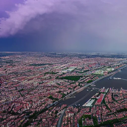 Image similar to photo of bordeaux seen from the sky at dawn with many tornadoes flying over the city and lightning in the sky