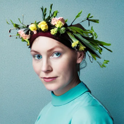 Image similar to a portrait of beautiful nordic woman wearing a folkdrakt dress, summers flowers headband on her head, against a teal blue background