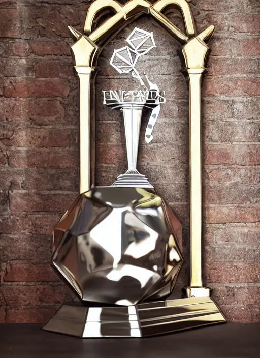 Prompt: a tall reflective very symmetrical polyhedral 3 d printed steel engineering trophy at a high end bar in a medieval themed castle in golden afternoon light, professional food photography