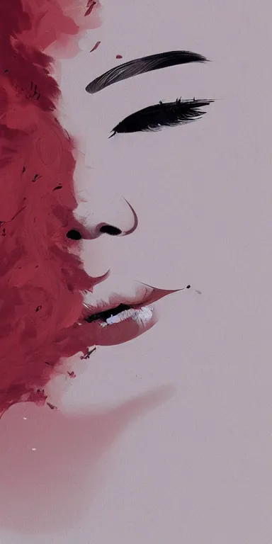 Image similar to minimal abstract painting, closeup of the mouth of a young filipino woman with very narrow face, smoke from her mouth, surrounded by thick swirling smoke, by conrad roset, long brush strokes, dramatic lighting, trending on artstation