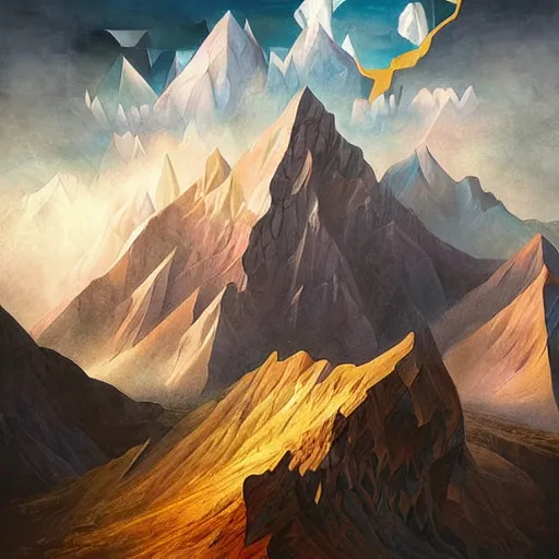 Image similar to a hyperrealistic illustration of Cubism Mountain Range, Cubism Mountain Range with fractal sunlight, award-winning, masterpiece, in the style of Tom Bagshaw, Cedric Peyravernay, Peter Mohrbacher