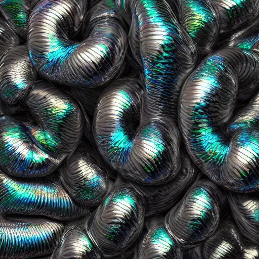 Prompt: highly textured iridescent-pearlescent-black-snakes wrapped around each other, 3D, digital art, octane render, blender cycles, photorealistic, sharpened, repeating patterns, 4k-ultra-hd, high dynamic range