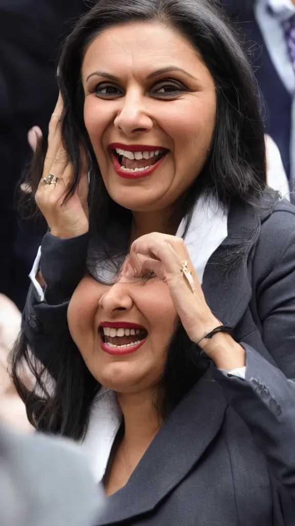 Image similar to priti patel laughing evilly while watching a plane take off at heathrow