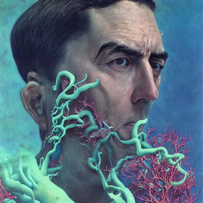 Prompt: Hyperrealistic intensely colored close up studio Photograph portrait of deep sea bioluminescent Senator Tom Cotton, symmetrical face realistic proportions eye contact tentacles, Weeping in a coral reef underwater, award-winning portrait oil painting by Norman Rockwell and Zdzisław Beksiński vivid colors high contrast hyperrealism 8k