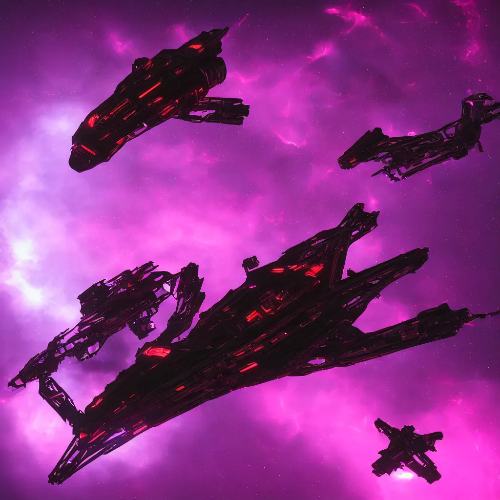 Prompt: pirate space ship, purple glow, dark red and black background, futuristic, dramatic lighting, unreal engine, 8 k ultrarealistic