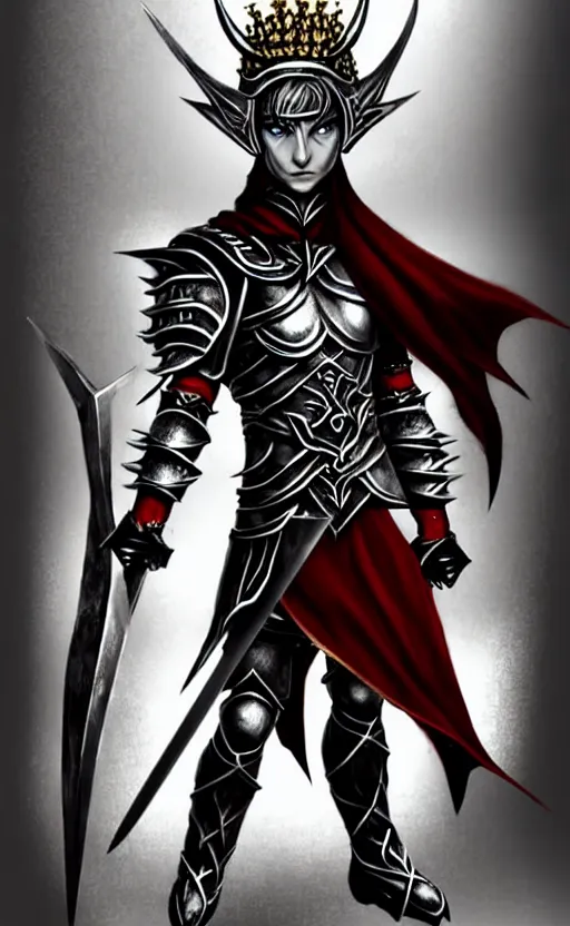 Image similar to A male elf, 20 years old, short silver hair, red eyes, spiked black metal crown with three round designs on the front side, black heavy armor with gold trim, red cape, lean but muscular, attractive, command presence, royalty, weathered face, smooth, sharp focus, illustration, concept art, highly detailed, muscle definition, fantasy paitning, ArtStation, ArtStation HQ