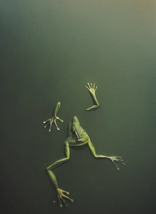 Image similar to “semitranslucent smiling frog amphibian vertically hovering over misty lake waters in Jesus Christ pose, low angle, long cinematic shot by Andrei Tarkovsky, paranormal, eerie, mystical”