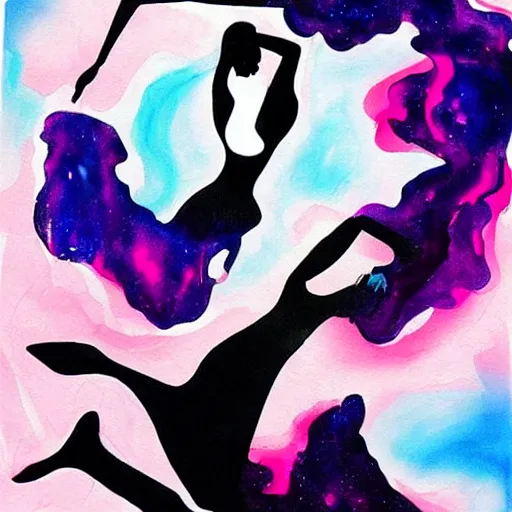 Prompt: abstract ink and acrylic painting, ink drawing shape of a dynamic dancing beautiful woman black silhouette!, pouring, sprays, nebulae colors, black dark blue purple and pink color scheme, curves, starfield, artstation, pinterest, more chaotic spread shapes