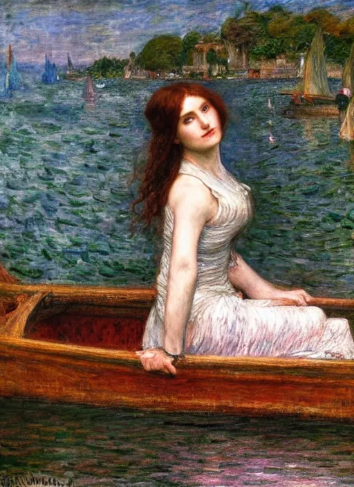 Image similar to lady of shallot in a boat by john william waterhouse, rosetti, monet, william holman hunt, 8 k