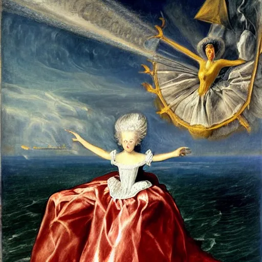 Image similar to Marie Antoinette levitating over the seas. By El Greco, Remedios Varo, Salvador Dali, Carl Gustav Carus, John Atkinson Grimshaw. Award winning, trending on artstation, masterpiece, highly detailed.