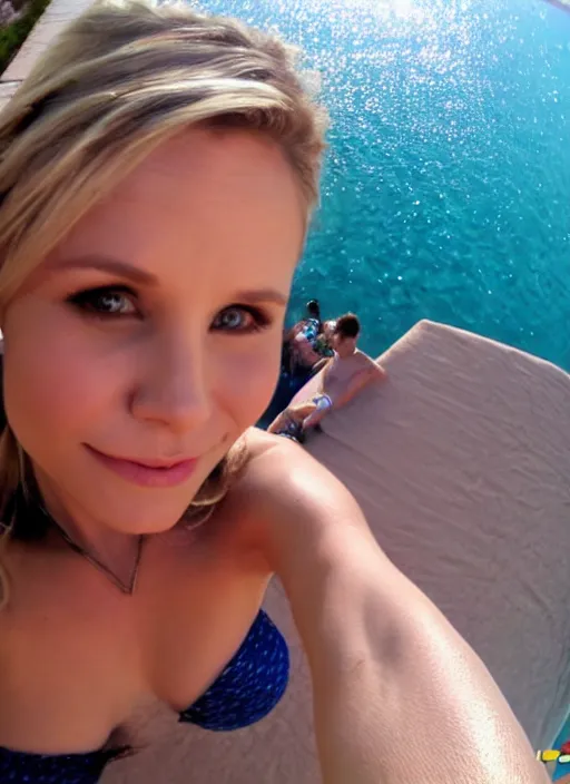 Image similar to viewed from my point of view : date with kristen bell, she's on my bed in bikini, gopro footage