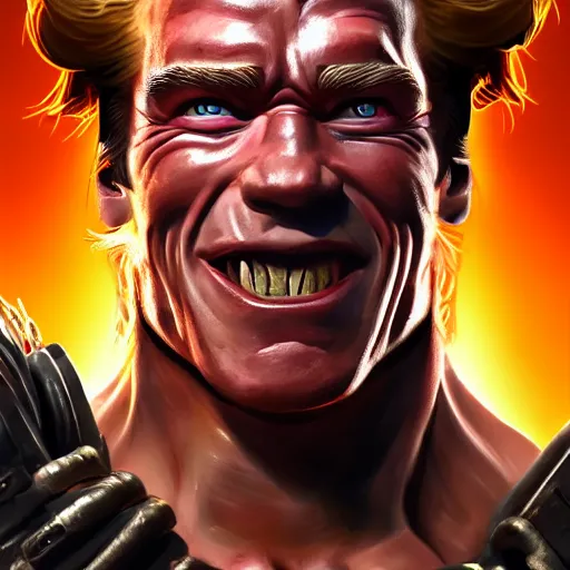 Image similar to a screenshot of arnold schwarzenegger as junkrat in overwatch, portrait, fantasy, beautiful face, vivid colors, elegant, concept art, sharp focus, digital art, hyper - realistic, 4 k, unreal engine, highly detailed, hd, dramatic lighting by brom, trending on artstation