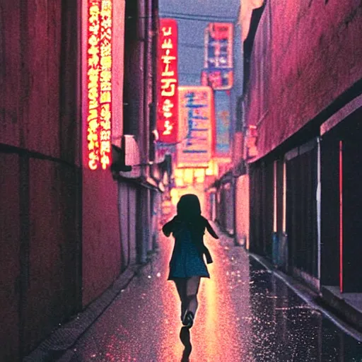 Prompt: 1990s perfect 8K HD professional cinematic photo of close-up japanese schoolgirl running in dystopian alleyway with neon signs, at evening during rain, at instagram, Behance, Adobe Lightroom, with instagram filters, depth of field, taken with polaroid kodak portra