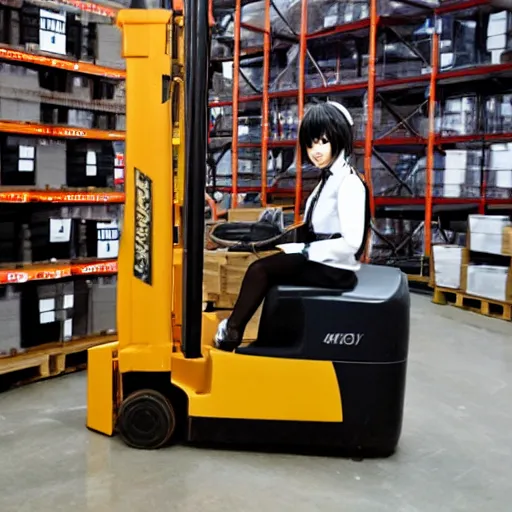 Image similar to a person cosplaying homura akemi operating a forklift