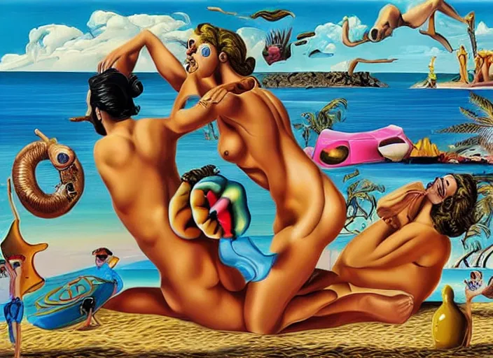 Prompt: 🏖🌊🏄♂🌈, lowbrow, 3 - d highly detailed, in the style of, salvador dali,