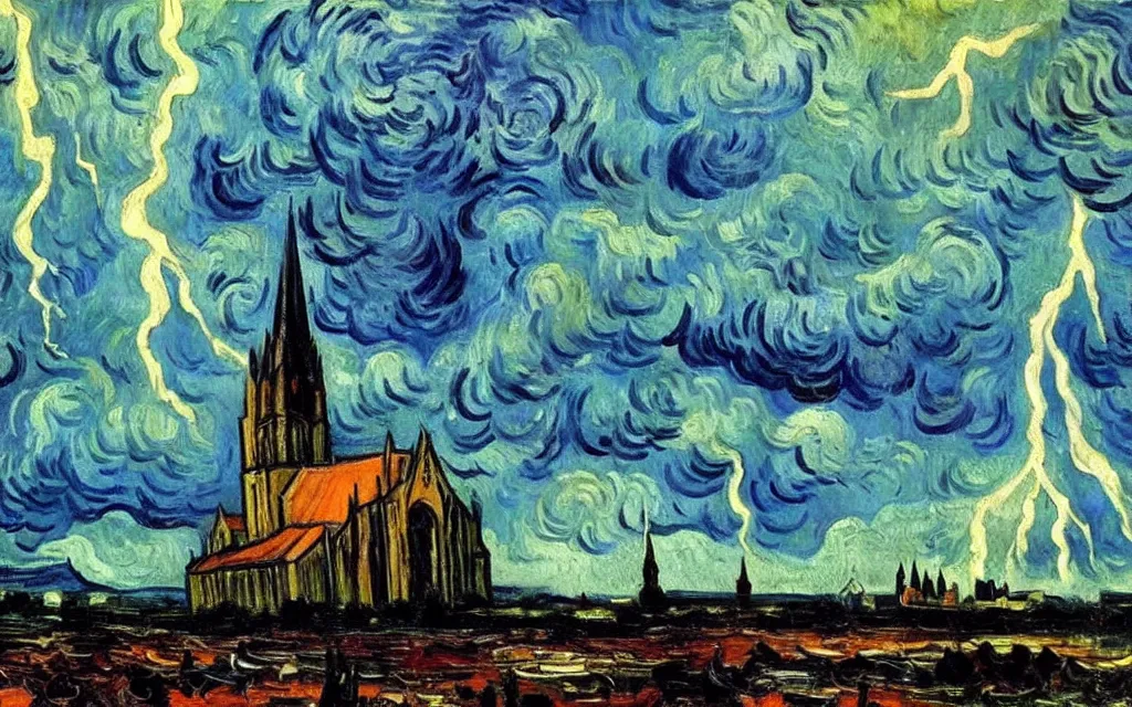 Image similar to atmospheric detailed expressionist oil painting of lightning storm over a tall gothic church, landscape painting, expressionism, blues, dramatic lighting, 8 k resolution detailed art, small brushstrokes, watercolor palette, painted by vincent van gogh