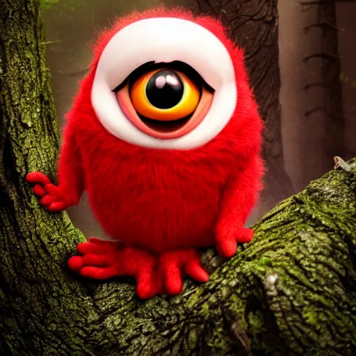 Image similar to very very very very cute chibi baby elmo, portrait, pixar style, forest background, cinematic lighting, award winning creature portrait photography